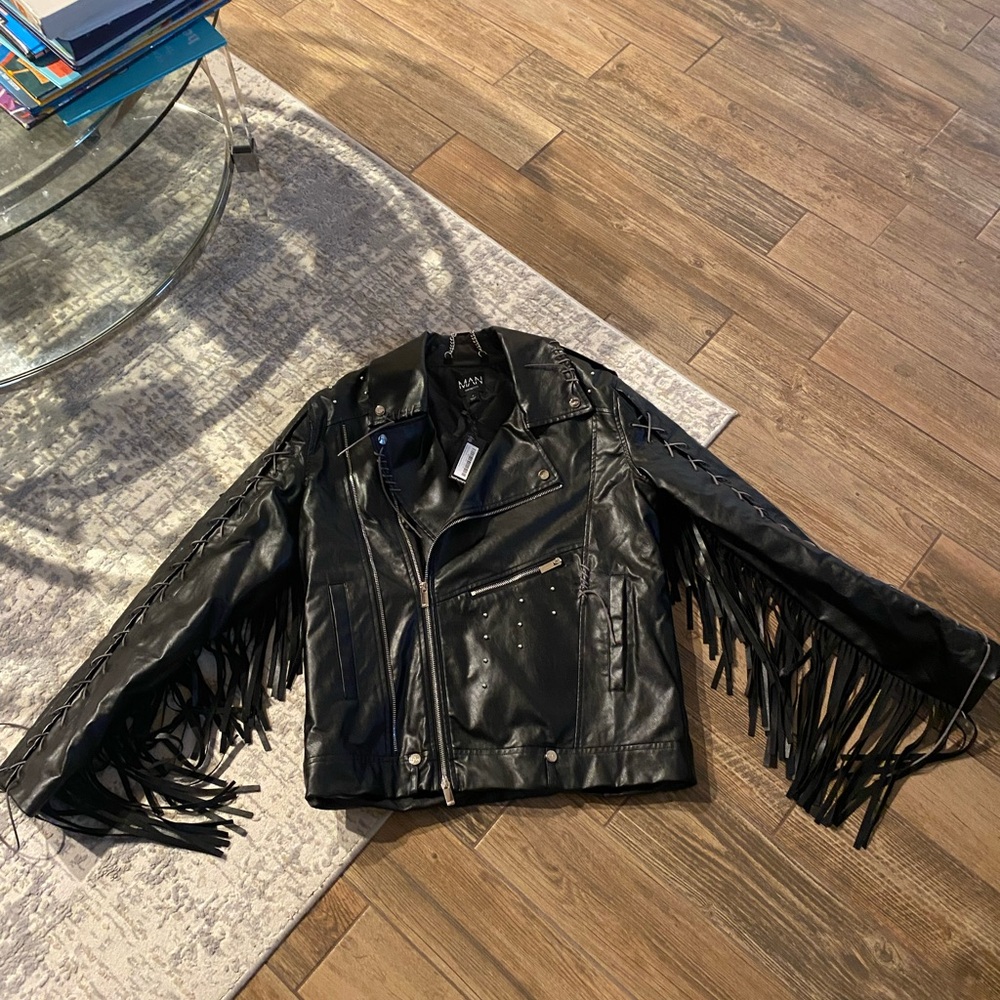 BoohooMAN X NLE Choppa Faux Leather Biker Jacket with Fringes